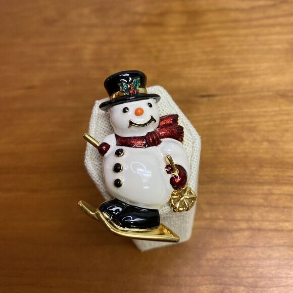 Joan Rivers Jolly Snowman on Skis Enamel Gold-tone Brooch Pin - Picture 1 of 9